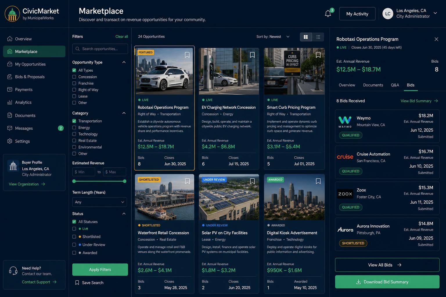 CivicYield civic marketplace showing revenue opportunity listings and operator bids