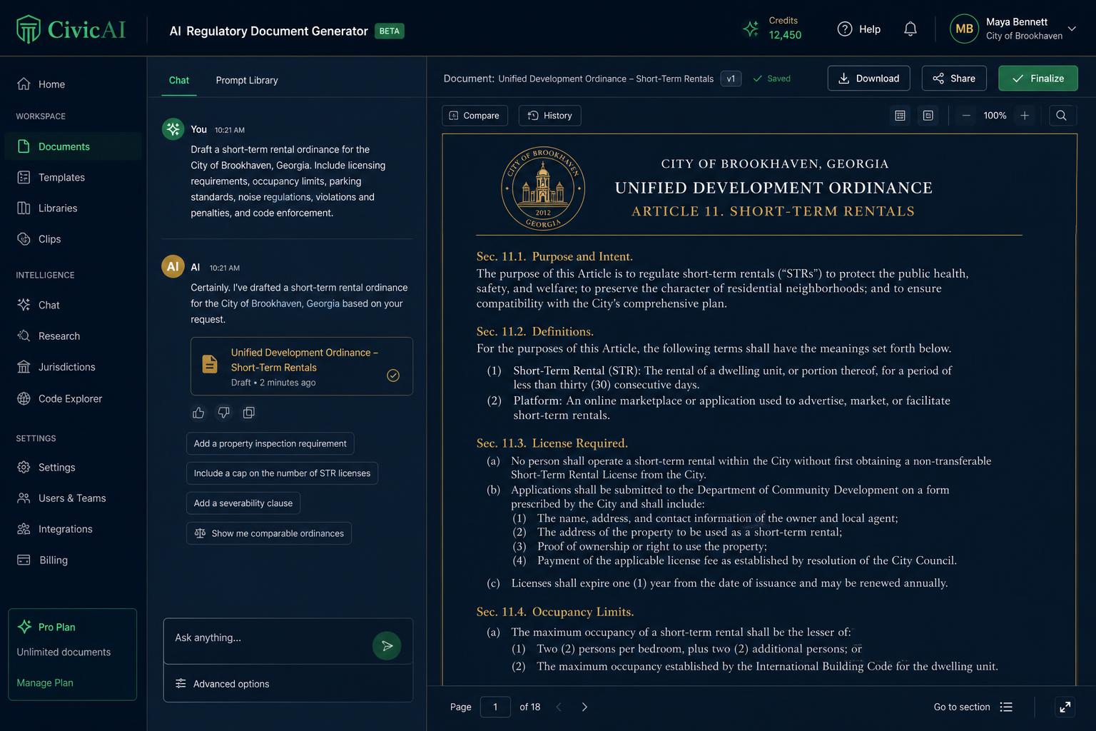 CivicYield AI regulatory document generator drafting a municipal ordinance