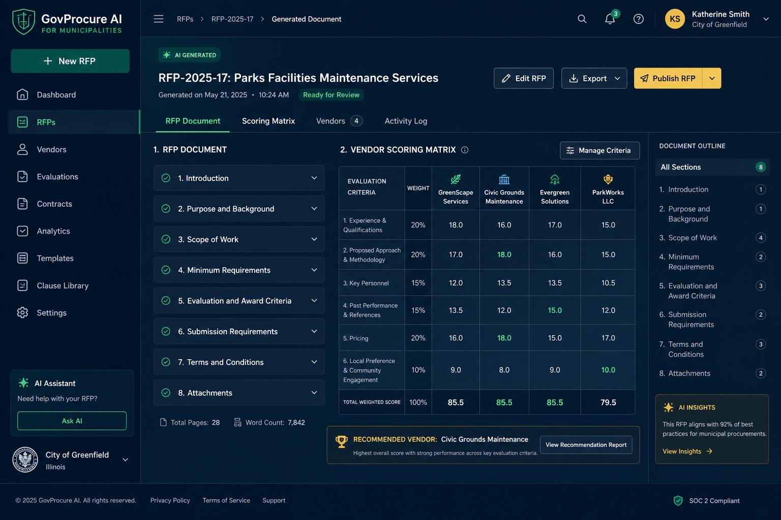 CivicYield RFP generator with a vendor scoring matrix comparing bidders